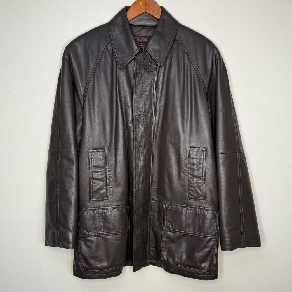 VINTAGE Started Italy Brown Leather Jacket Coat Quilted Lining EU 46 Vera Pelle